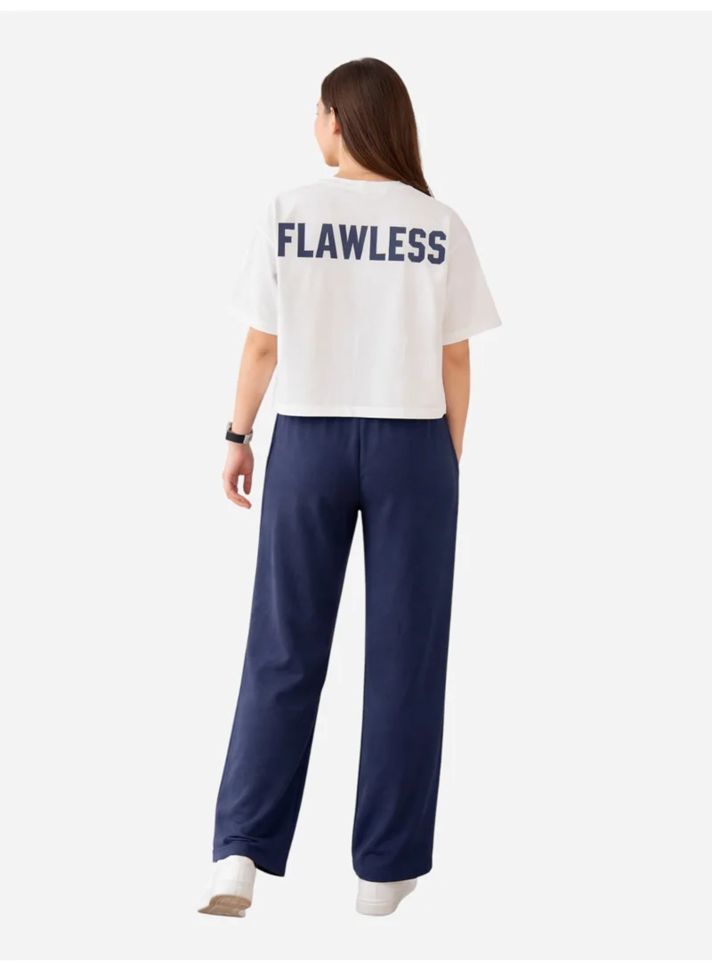 فكتور اند جين طقم بناتي قطعتين تي شيرت بطبعة رقم وبنطلون واسع - أبيض وكحلي